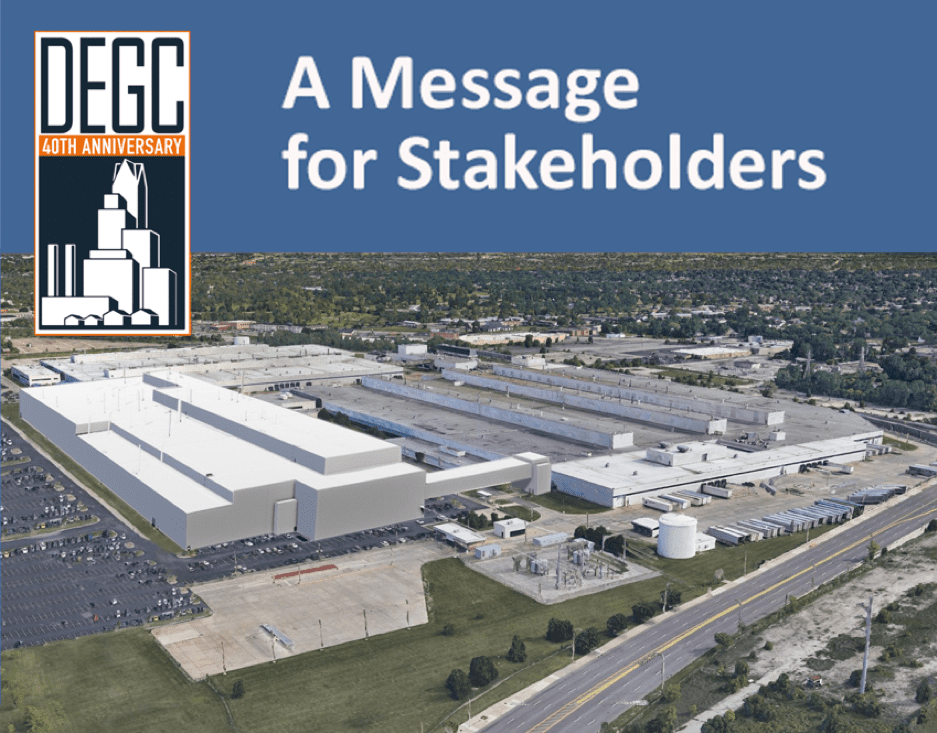 A Message for Stakeholders logo with a picture of a factory