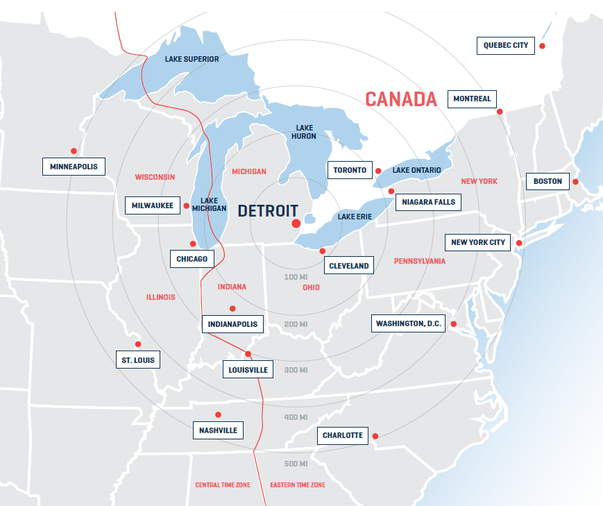 A map showing all the cities in the US and Canada that are within 500 miles of Michigan
