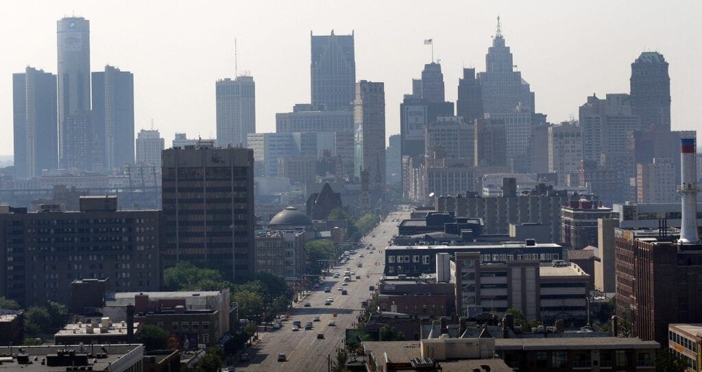 A view down Woodward Avenue of downtown Detroit